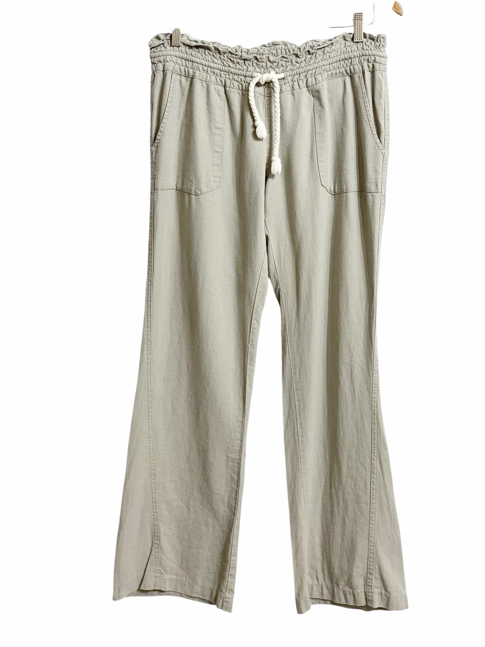 Roxy Oceanside Linen Blend Coastal Flare Pants Womens L Beige Beachy Relaxed